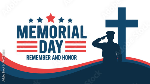 Silhouette of soldier saluting American flag with Memorial Day text