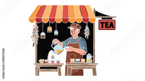 Tea Stall: A tea artisan at a traditional tea stall, gracefully pouring freshly brewed tea, embodying the art of refreshment and hospitality.