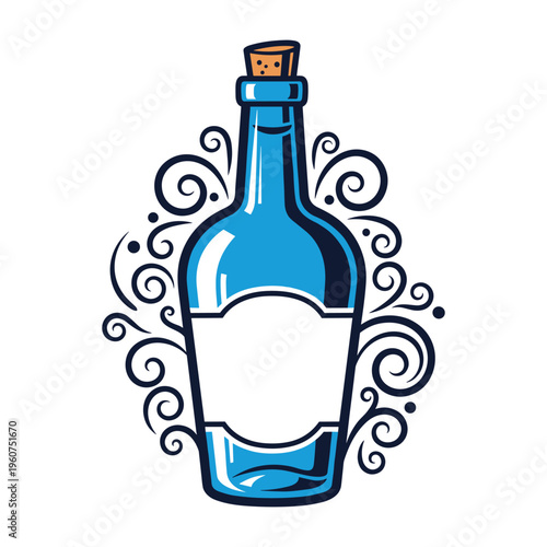 A blue glass bottle with a cork stopper, featuring a blank label and decorative swirling tendrils