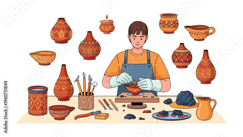 Artisan Crafting Pottery: A skilled artisan meticulously works on a pottery piece, surrounded by a collection of finished ceramic items and the tools of the trade.