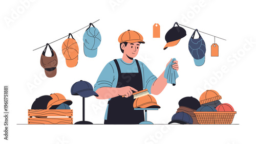 Artisan's Atelier: A skilled craftsman meticulously crafts and showcases an array of bespoke hats, each a testament to artisanal expertise.