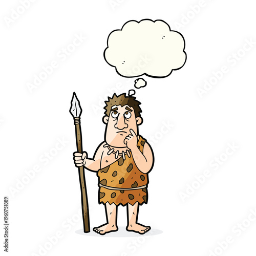 A cartoon caveman in a spotted animal print loincloth holds a spear while deep in thought with a blank thought bubble above his head