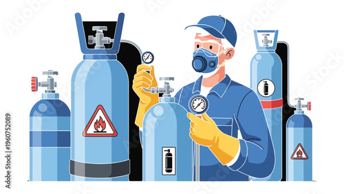 Gas Cylinder Inspection: A diligent worker in protective gear carefully inspects several gas cylinders, ensuring safety and precision. The image is a study in industrial process.