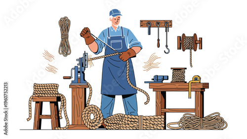 Artisan at Work: An artisan meticulously crafts rope, surrounded by tools and materials that speak to his craftsmanship. The scene captures the essence of skill, precision.