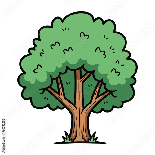 A vibrant green deciduous tree with a sturdy brown trunk and branches, cartoon style
