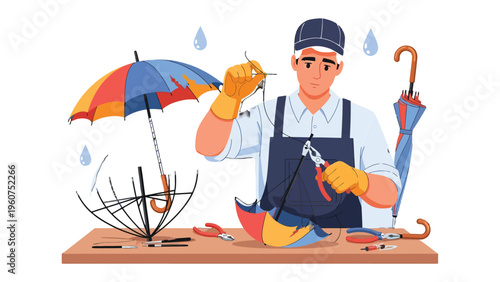 Umbrella Repairing: A skilled craftsperson meticulously repairs a colorful umbrella, surrounded by tools and spare parts, a scene of precision and dedication.