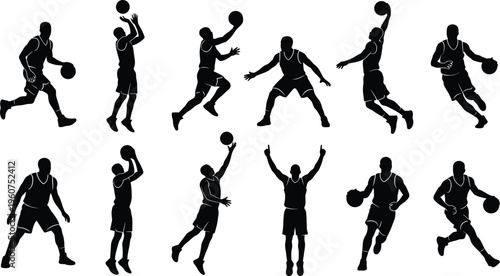 A collection of ten black silhouettes showing various basketball player poses and game actions