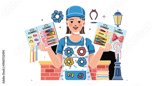 Accessories Vendor's Showcase: A vibrant illustration depicts a friendly accessories vendor presenting a selection of hair accessories. The scene exudes charm and detail.