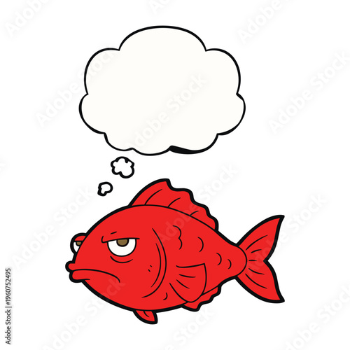 A grumpy red cartoon fish with a thought bubble above its head, looking displeased and perhaps contemplating something