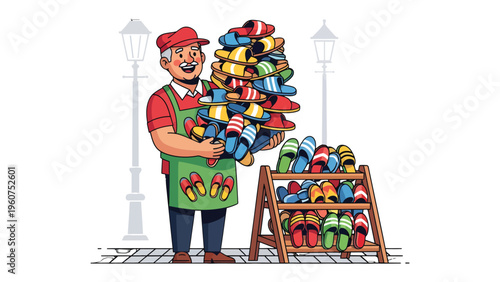 Shoe Seller: A cheerful shoe seller, brimming with footwear, stands proudly beside a display of sandals on the roadside. It reflects the dedication and business acumen.