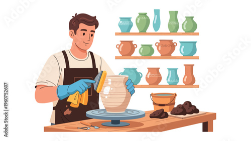 Artisan at Work: A skilled artisan, enveloped in the creative process, meticulously crafting a unique pottery piece in his studio.  