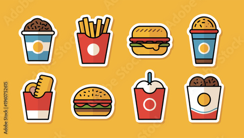 A collection of fast food items on a yellow background