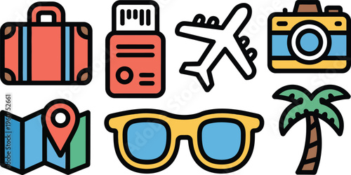 A collection of travel icons on a blue background