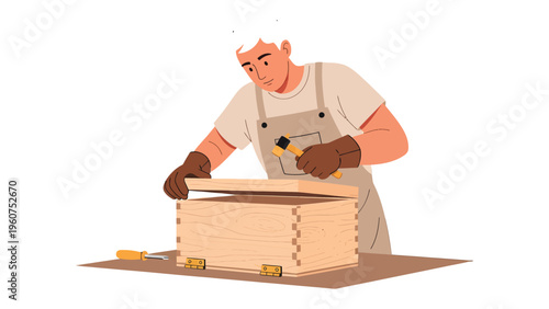 Artisan at Work: An artisan meticulously crafting a wooden box, showcasing the artistry of woodworking. The craftsman's focused effort embodies precision and skill, creating a timeless piece.