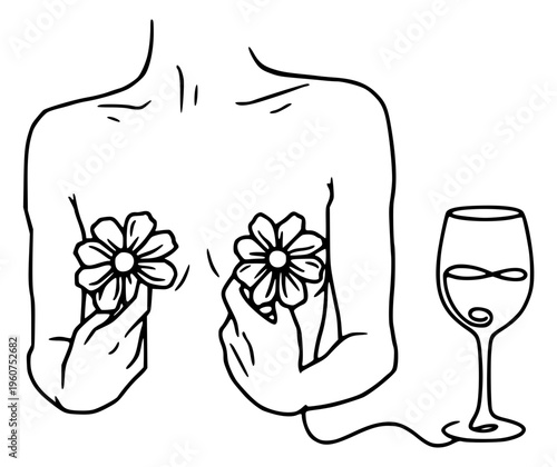 Female body with flowers and wine glass illustration