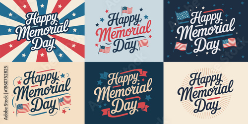 Six patriotic Memorial Day greeting cards with stars and flags