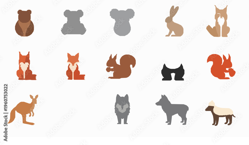 Fototapeta premium Wild animal outline icon set with bear paw fox wolf and koala line vector