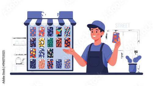 Shopkeeper show the product: A friendly shopkeeper stands proudly in front of his shop. He's showcasing a mobile phone cover with various of colorful pattern.