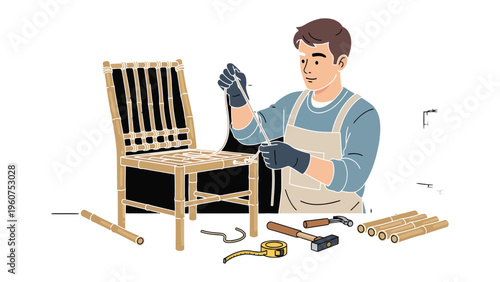 Crafting a Seat: An individual dedicates themselves to the careful restoration of a wooden chair with a collection of tools
