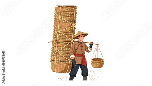 Rural Laborer with Burden: A traditional laborer, dressed in historical attire, carries a heavy load and basket. Depicting a scene of historical livelihood and labor.