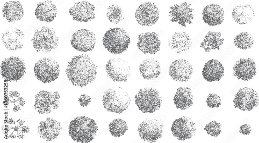 Obraz premium Collection of diverse grey textured circular shapes and organic forms created with stippling technique on white background