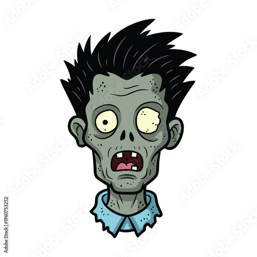 Cartoon illustration of a zombie's head with spiky black hair and a ripped blue collar