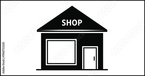 Shop building icon, retail store symbol, commercial establishment design, storefront silhouette, business logo, shopping emblem, marketplace illustration