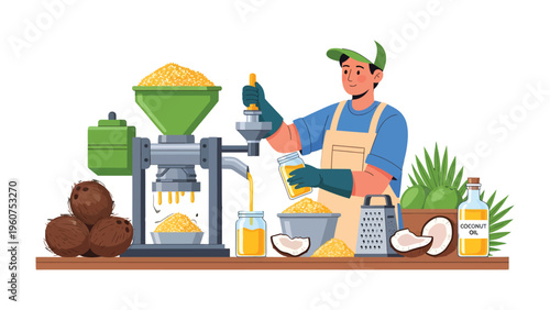 Artisan's Oil Extraction: An artisan carefully operates an oil extraction machine, transforming natural ingredients into pure, golden oil.