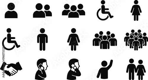 A collection of black and white icons depicting people