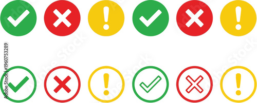 A set of checkmark, cross and exclamation icons