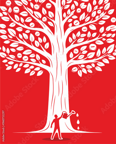 Person Watering Large Money Tree Representing Long Term Investment Growth, Wealth Building and Financial Patience – Vector Illustration