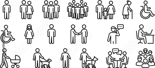 A collection of 18 black and white line icons depicting people in various situations