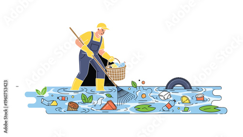 Cleaning Up the Mess: An individual diligently works to remove pollution from a body of water, embodying environmental conservation and commitment.