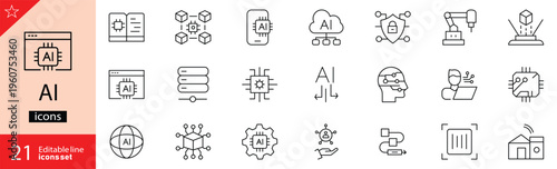 AI icons set. Includes symbols of artificial intelligence, machine learning, neural networks, robots, data processing, and smart technology. Editable stroke. Vector illustration. Outline icons.