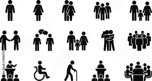 A collection of black and white icons depicting various human relationships and interactions