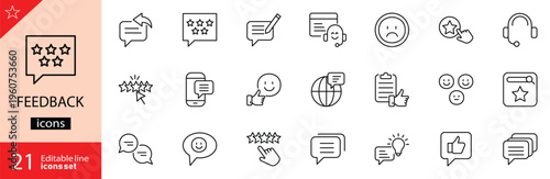 Feedback icons set. Includes symbols of reviews, ratings, comments, surveys, suggestions, and customer responses. Editable stroke. Vector illustration. Outline icons. Perfect for business.	