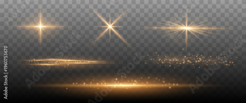 Golden glowing lens flare set with sparkling particles and light streaks isolated on transparent background luxury overlay effect
