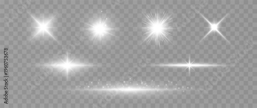 Realistic light flare effects with starburst flashes and glowing beams isolated on transparent background cinematic overlay pack