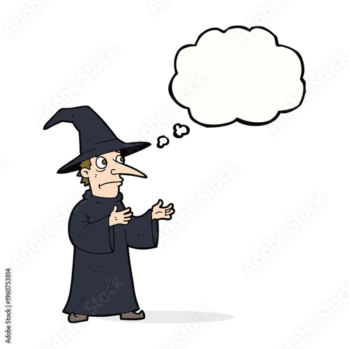 Confused cartoon wizard with a long nose and pointed hat pondering a thought bubble