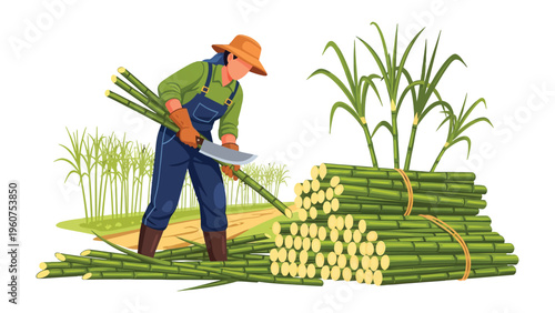 Sugarcane Harvest: A farmer expertly harvests sugarcane in the field. This image shows the labor-intensive process of sugarcane farming.
