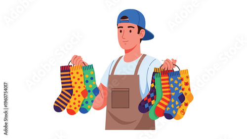 Sock Seller's Showcase: A vibrant illustration depicts a friendly vendor, proudly displaying an array of colorful socks, each with its unique pattern.