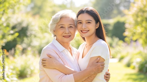 Two women embracing in garden