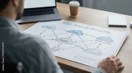 Cloud Transition: Architecture map open on desk in tech workspace
