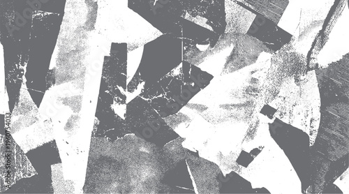 Abstract textured geometric shapes in grayscale with distressed overlay and halftone patterns background