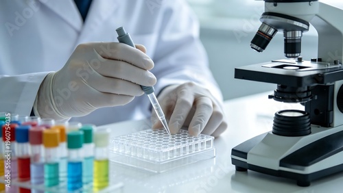 Scientist working with test tubes and microscope