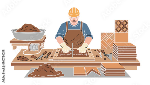 Artisan at Work: An artisan meticulously shapes clay to form exquisite tiles in a well-lit workshop, showcasing the craftsmanship and dedication to his trade.