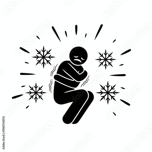 Black and white vector illustration of a person shivering and trembling from extreme cold with snowflakes