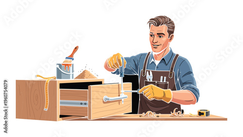 Craftsman Crafting: A skilled craftsman meticulously constructs a piece of furniture, his focus and expertise evident in every precise movement.