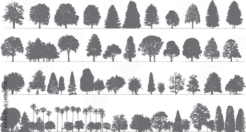 Collection of diverse grey tree silhouettes arranged in horizontal rows against a white background