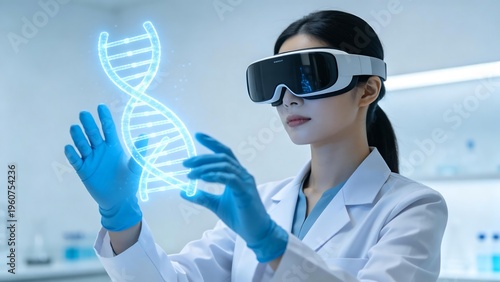 Scientist with virtual DNA model